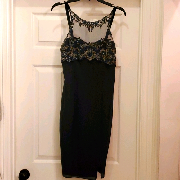 NWOT Womens 6 Navy Semi Formal Cocktail Dress with Gold Designs on Sheer Top - Picture 1 of 4